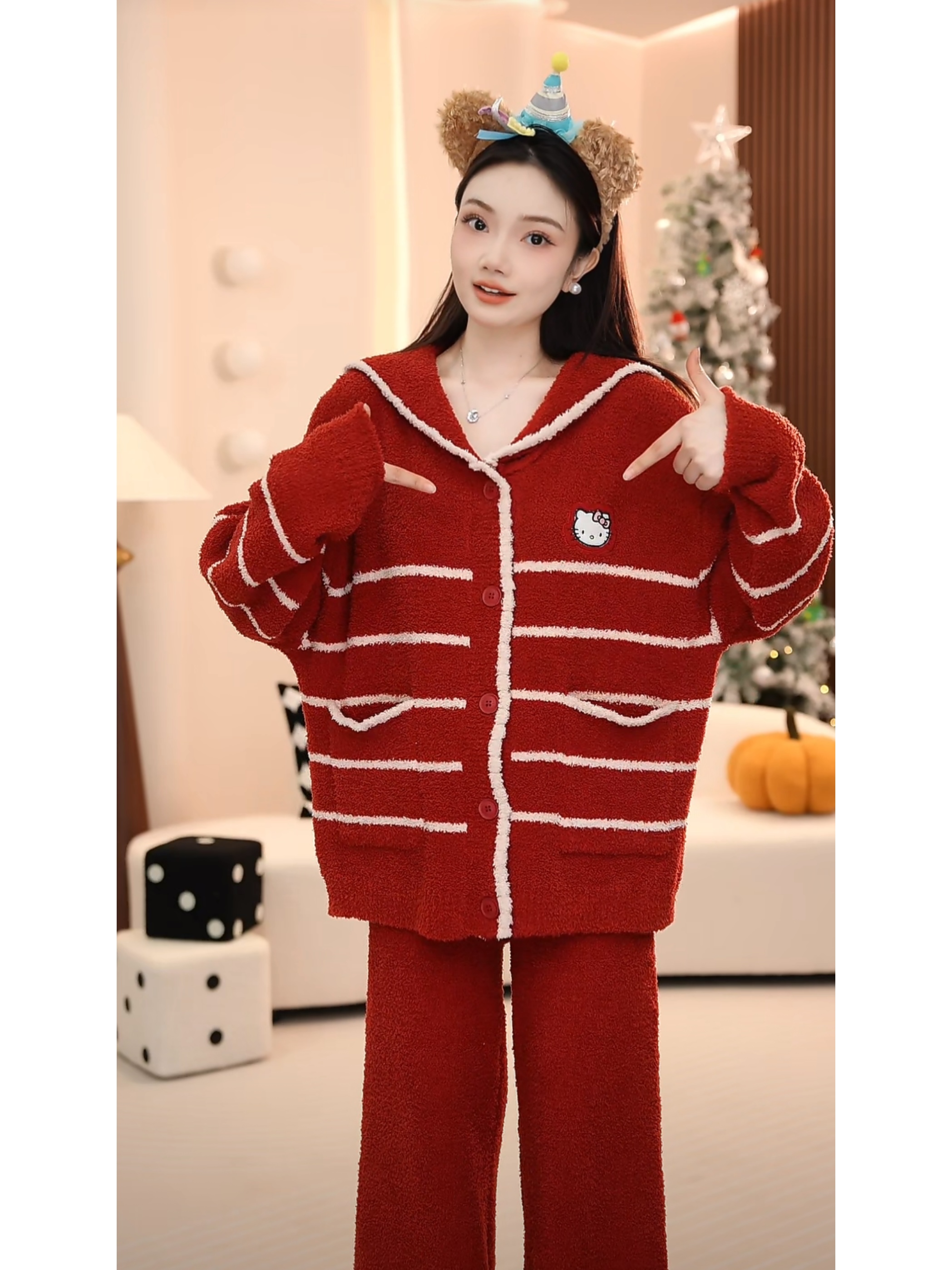 【kitty】可外穿半边绒时尚冬季家居服加绒加厚软绵绵睡衣套装