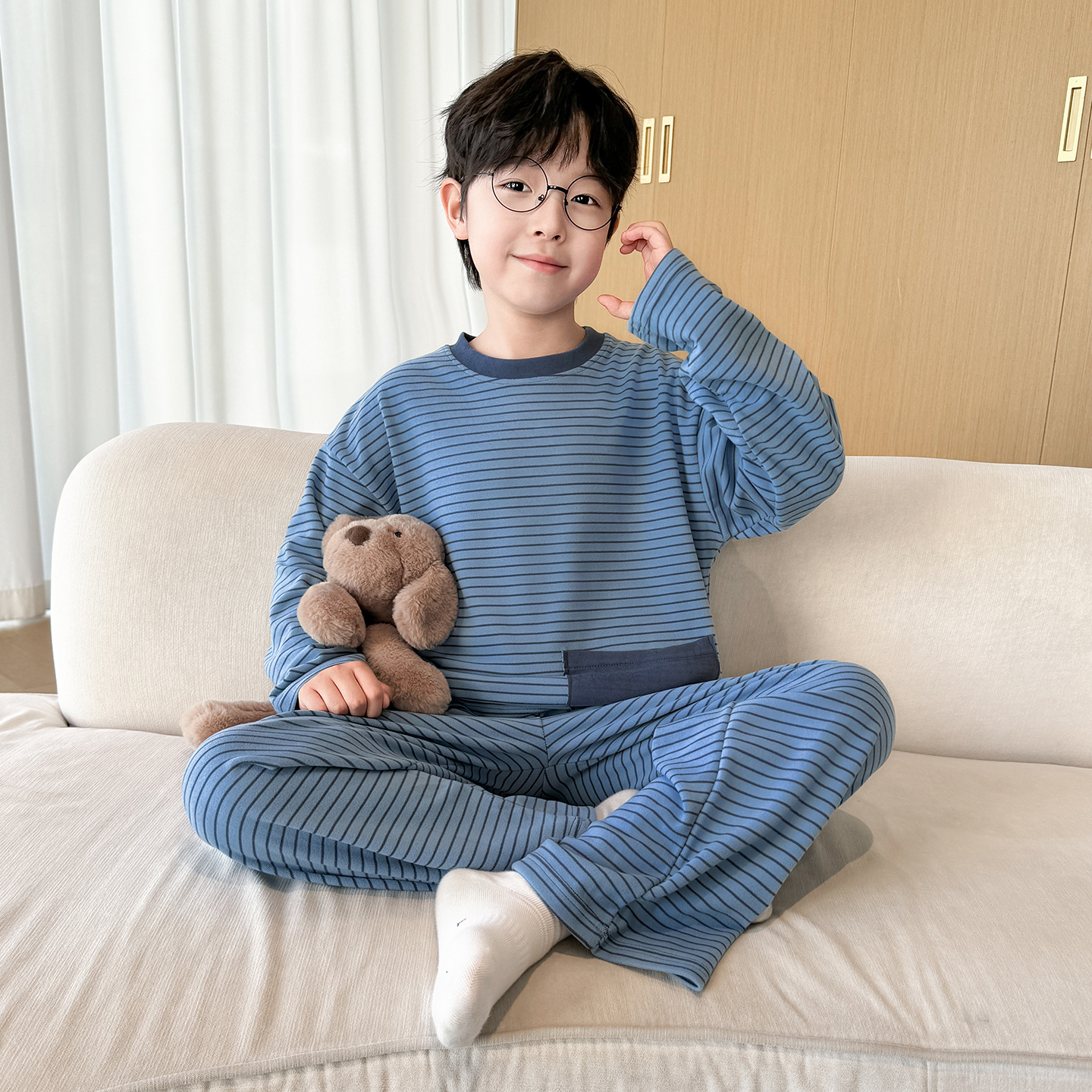 儿童睡衣春秋款男童德绒家居服套装2025新款大童冬季条纹洋气秋装