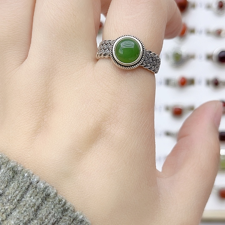 和田玉戒指银S925镶嵌天然