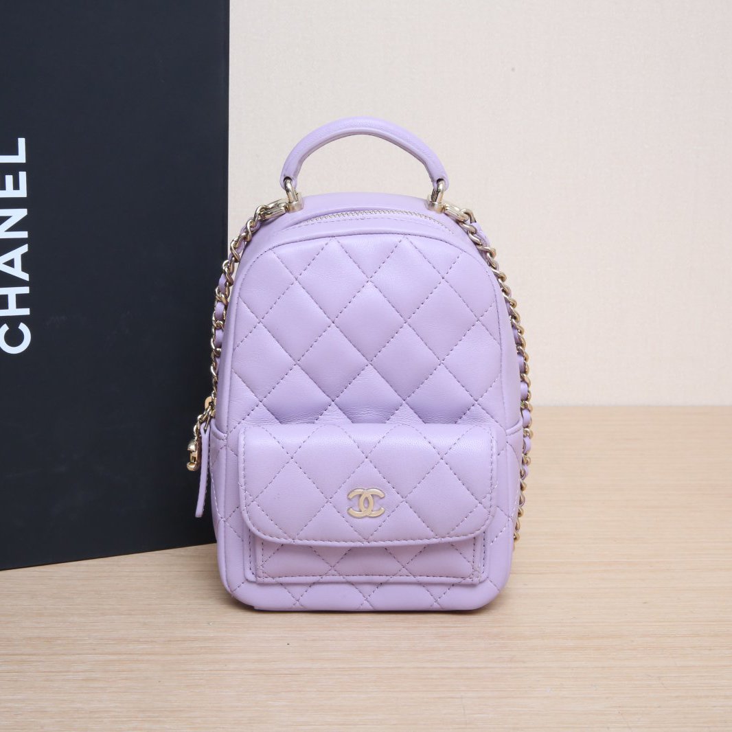 99新 Chanel/香奈儿 小花黑黑24C 手提前口袋双肩包 紫色 皮革S 