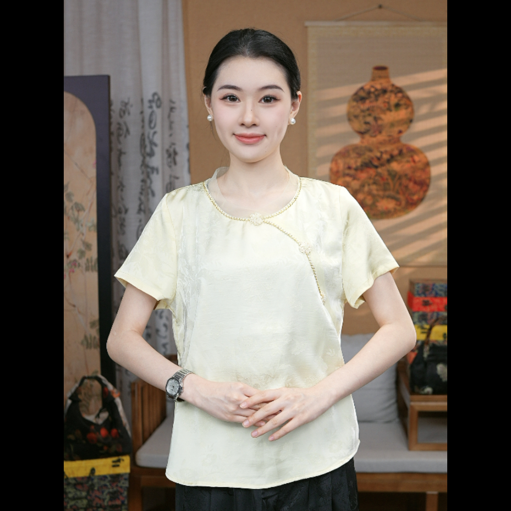 【圆领短袖衫】国风圆领提花新中式新款舒适气质通勤上衣女