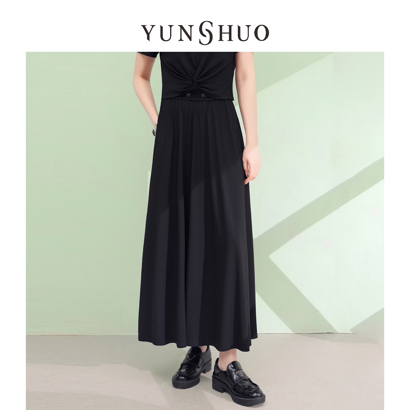 允硕新品时尚百搭夏季高腰遮胯垂感简约休闲裙子气质女半裙229191