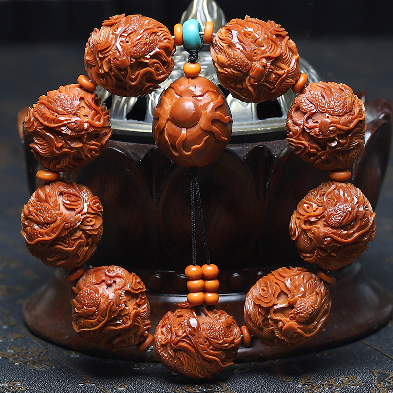 橄榄核手串23大籽九龙戏珠核雕文玩纯手工雕刻橄榄胡手把件手链男