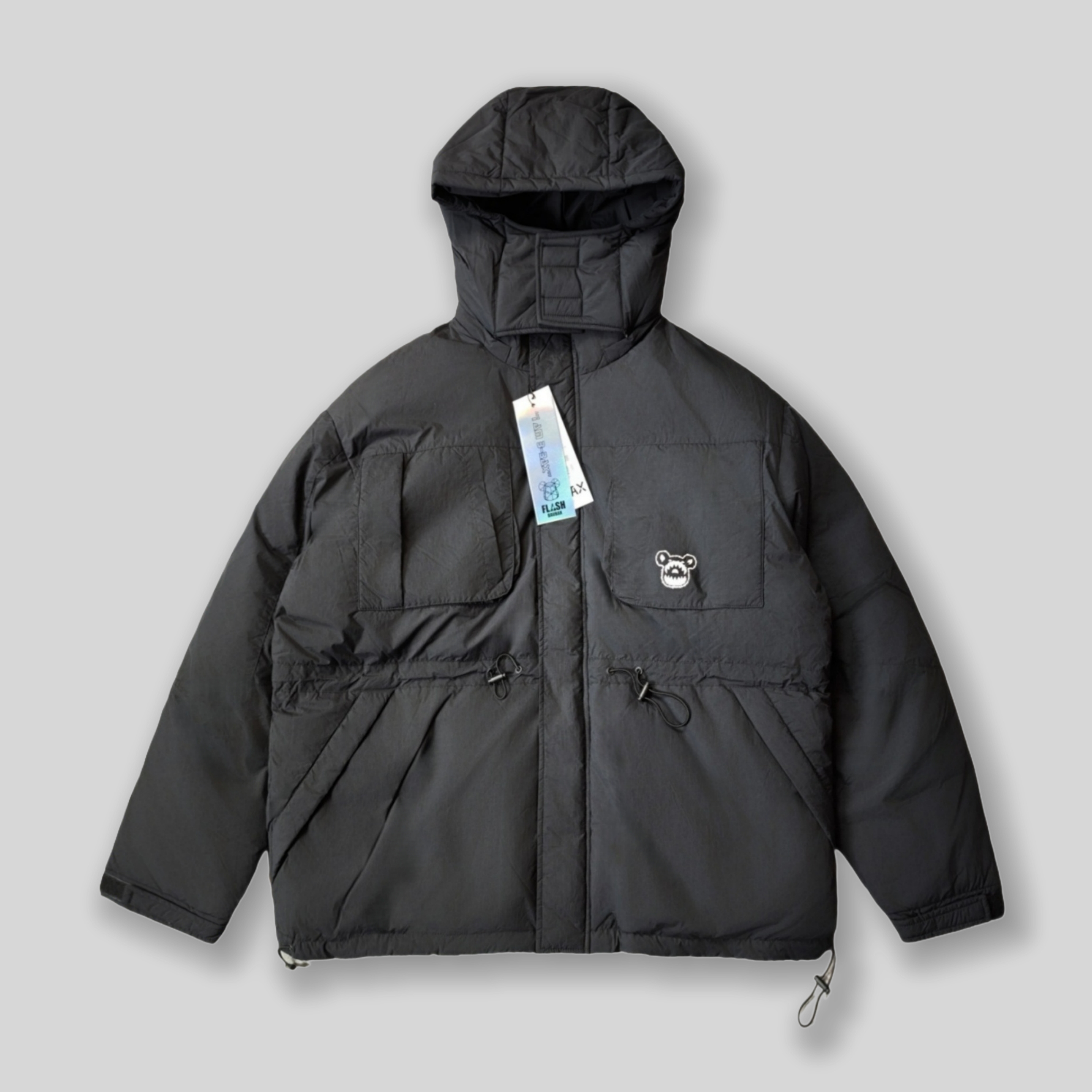 潮牌黑色多口袋面包连帽羽绒服休闲宽松保暖高充绒量羽绒外套