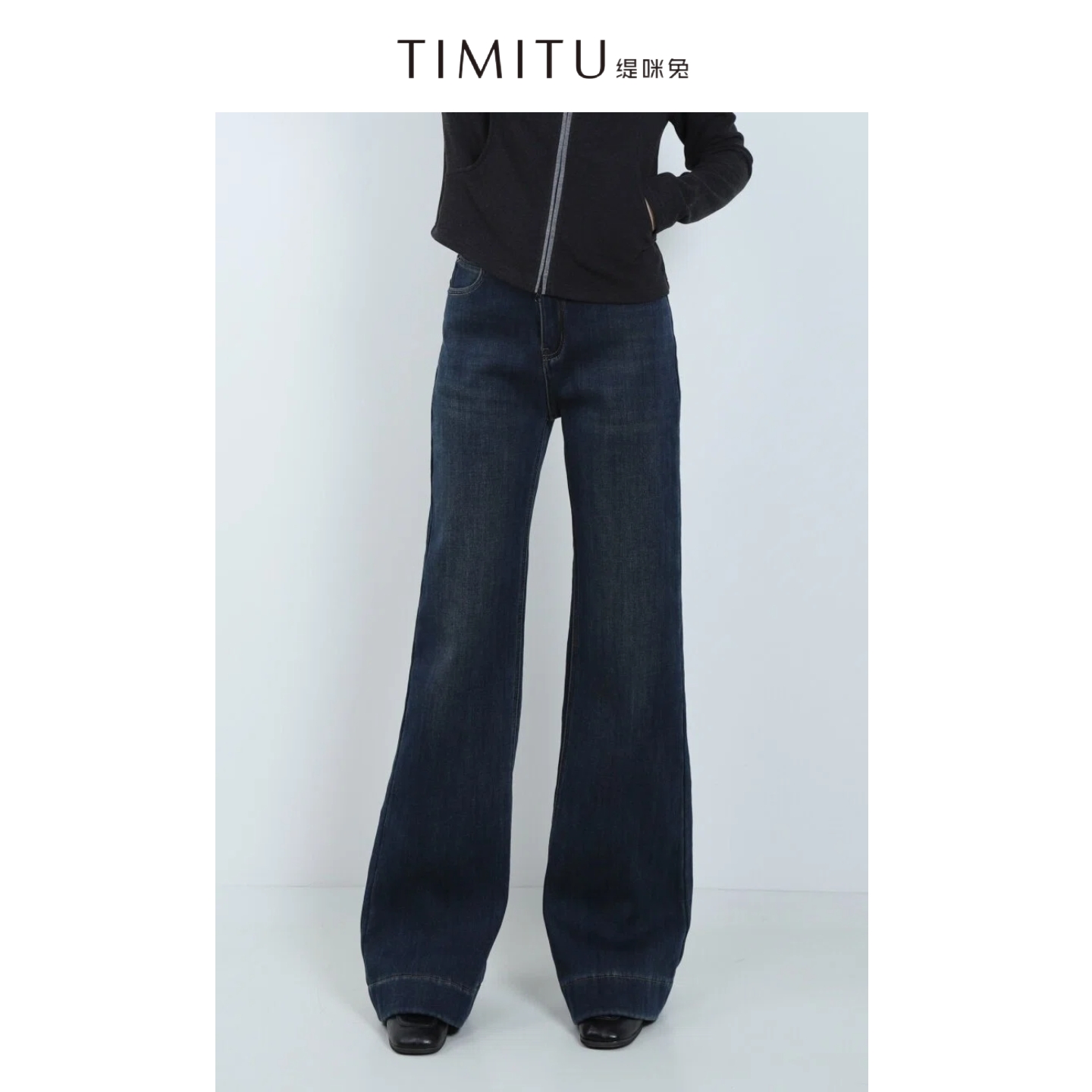 TIMITU缇咪兔复古水洗双排扣显瘦加绒微喇牛仔裤34429013