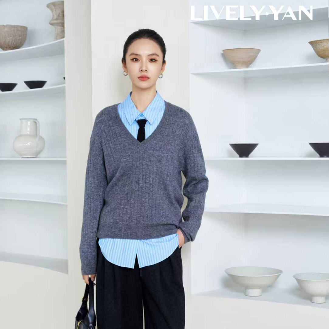 【俪妍】棉羊毛莱赛尔混纺v领套头毛衫