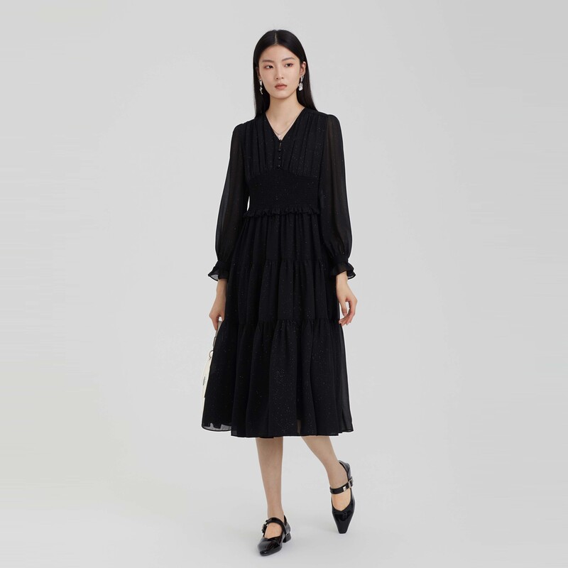 sdeer圣迪奥女装V领木耳边压褶雪纺长袖连衣裙S231Z1287