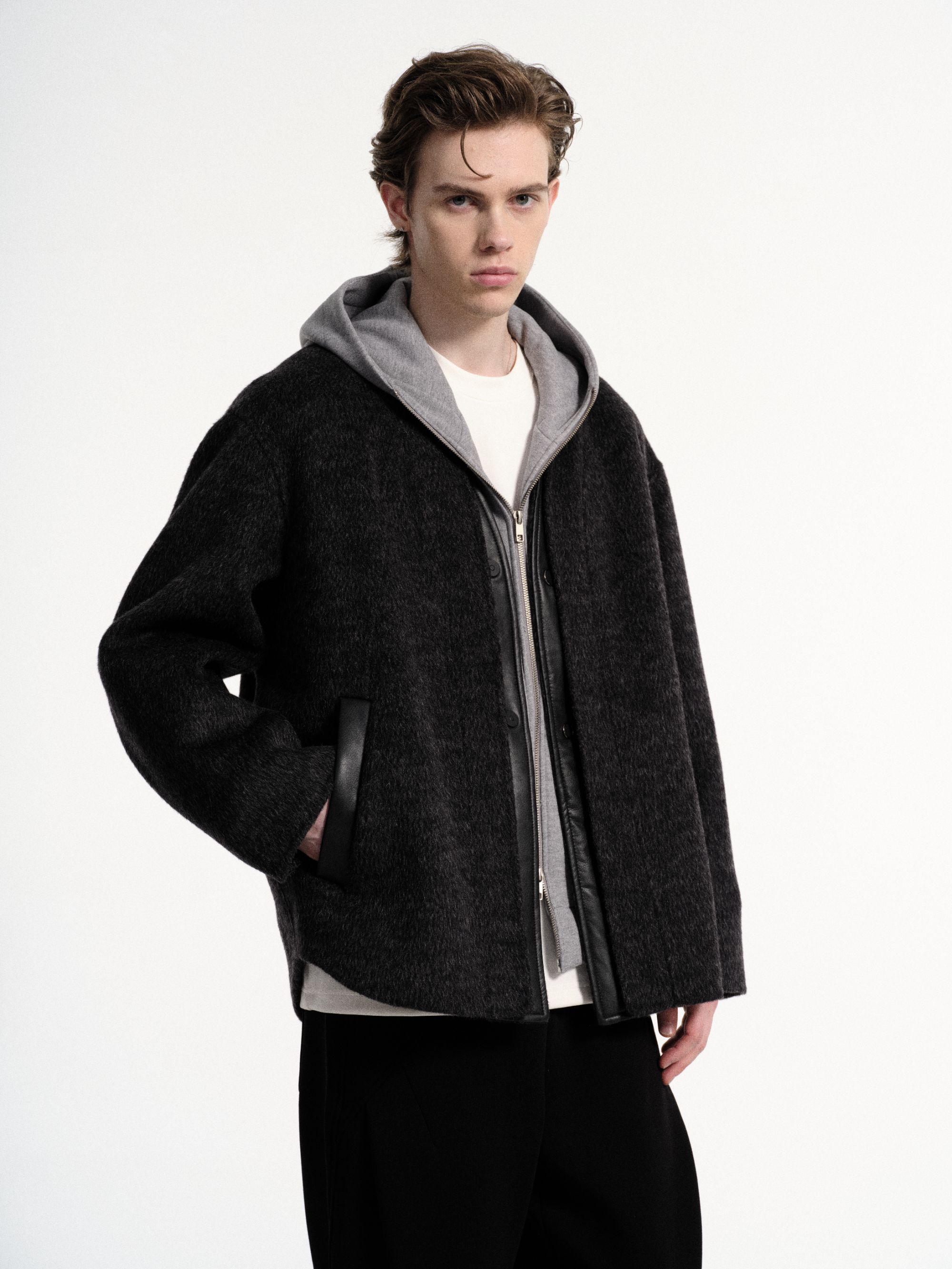 CityDay【江冉】继位者·羊驼羊毛拼皮假两件呢料老钱开衫外套 9228