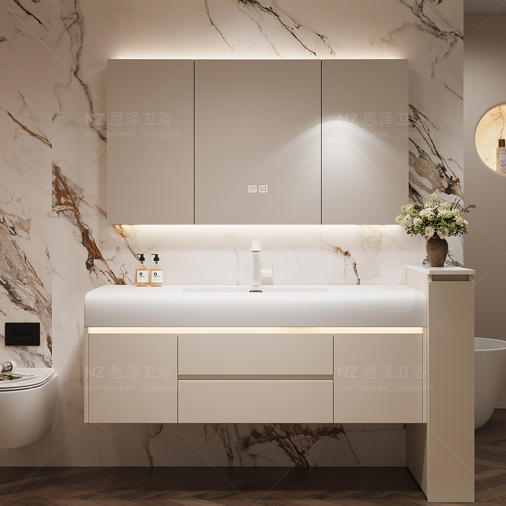 [肤感可丽耐一体盆]多层实木奶油风浴室柜洗手台洗漱台盆柜组合