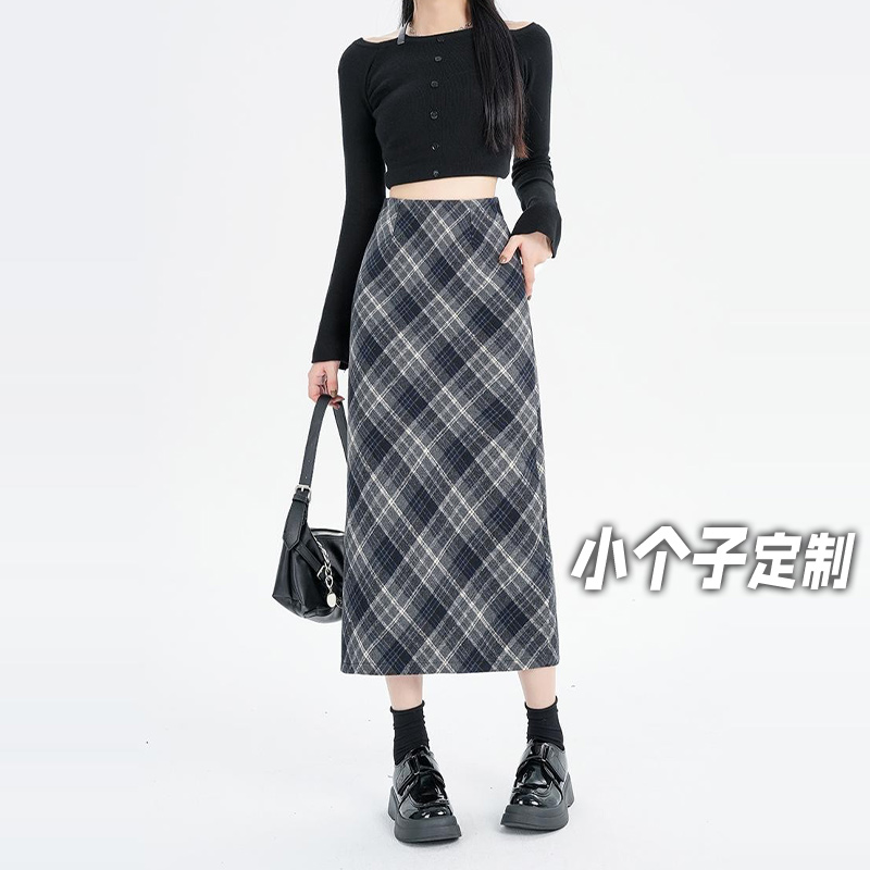 150小矮个子毛呢格纹半身裙女秋冬季高腰显瘦A字中长款xs显高复古