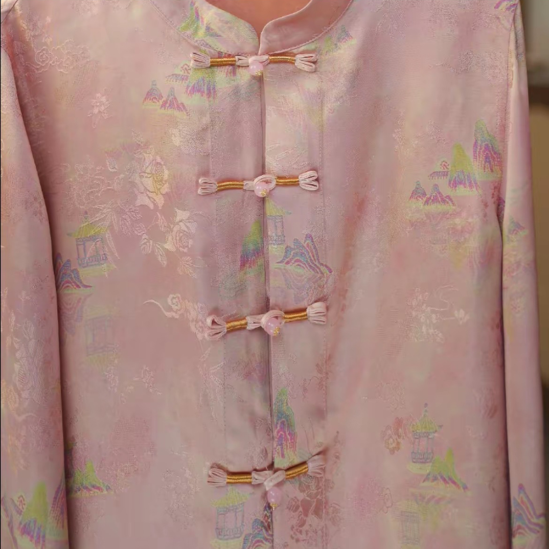 （粉黛山水庭台）新中式国风秋季提花立领宽松真丝上衣外套