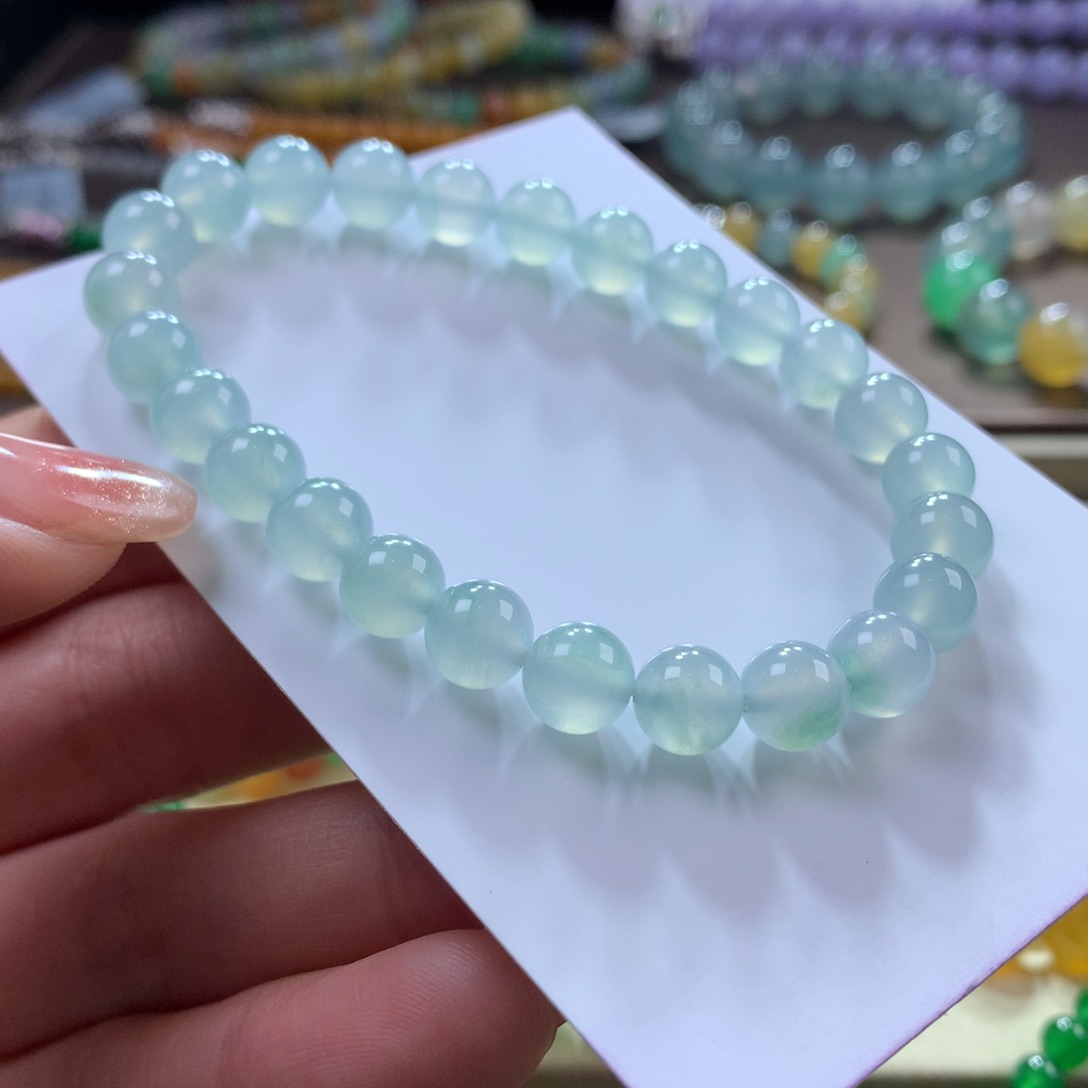 翡翠手链未镶嵌木那冰蓝飘花卡7.2-7.5