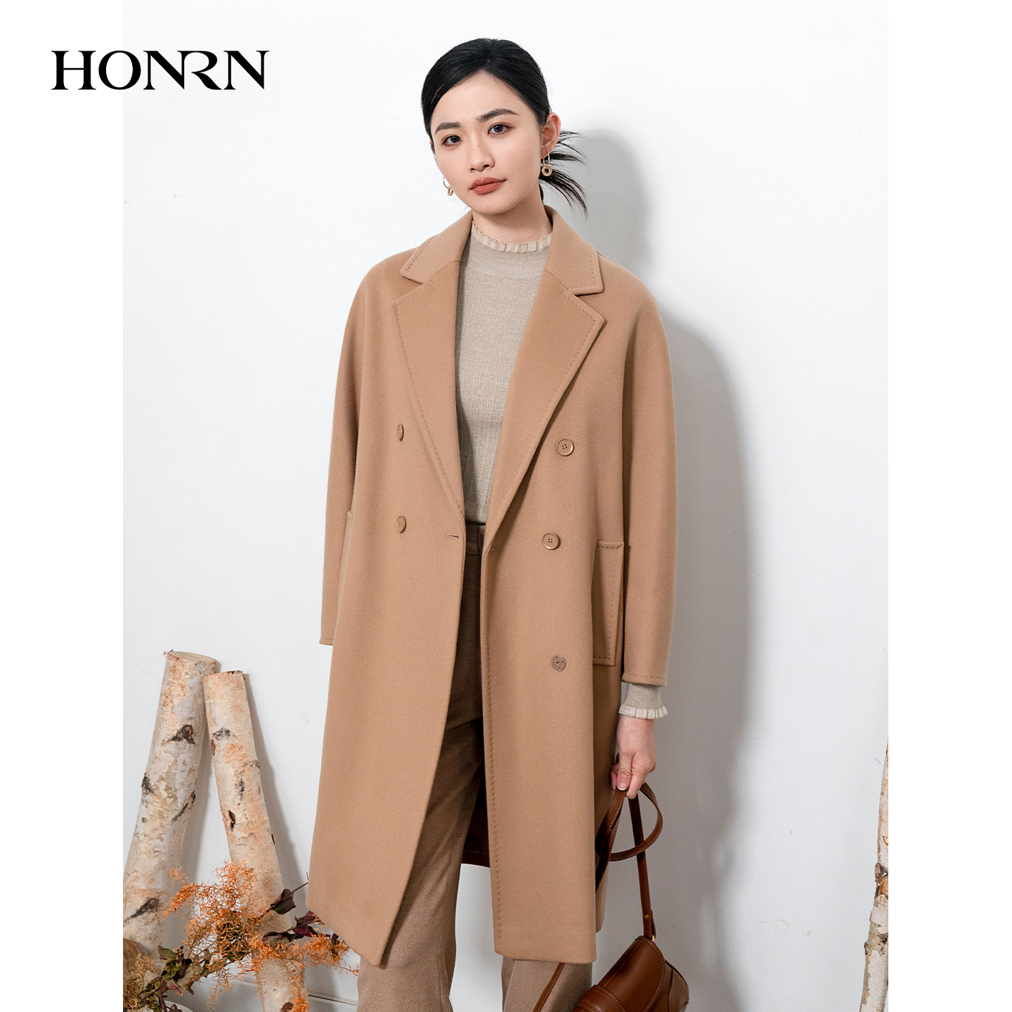 HONRN/红人西装领双排扣山羊绒羊毛呢子大衣外套女秋冬HI55OD481