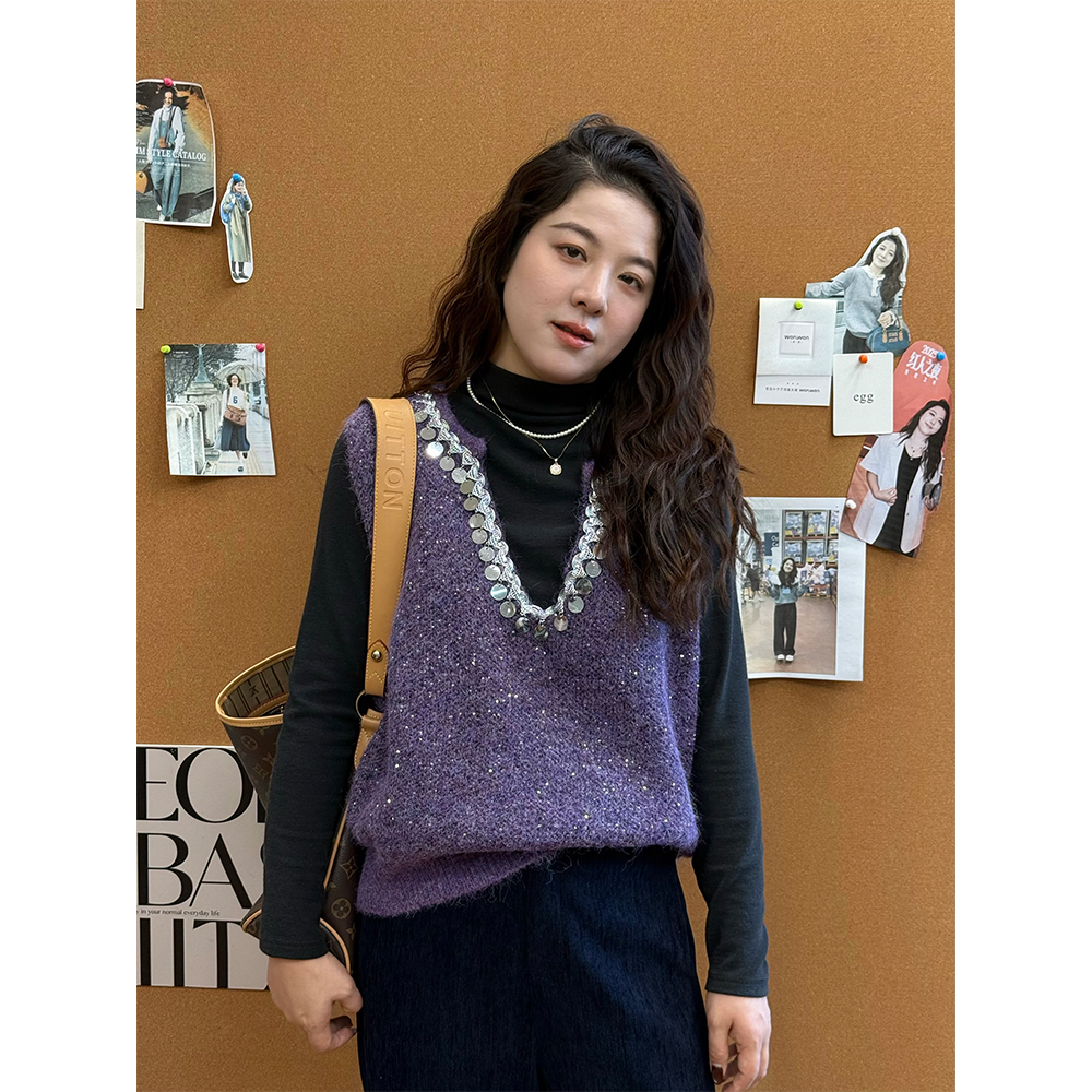 WenWen小个子2025秋冬新款V领高级感撒银亮片修身百搭马甲4618