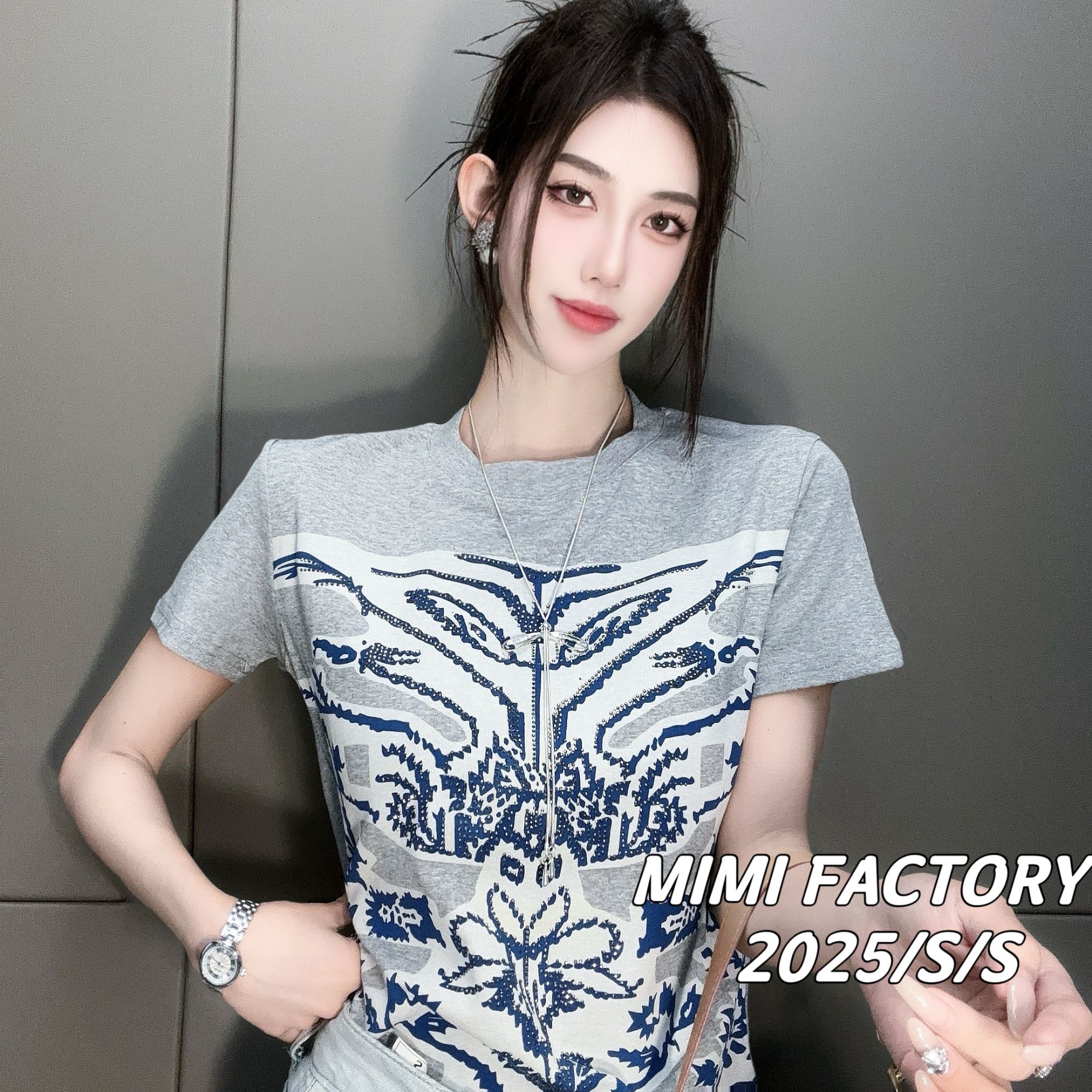 芈芈 2025夏季新款 欧货满印烫钻短袖T恤女修身显瘦时尚上衣4349#