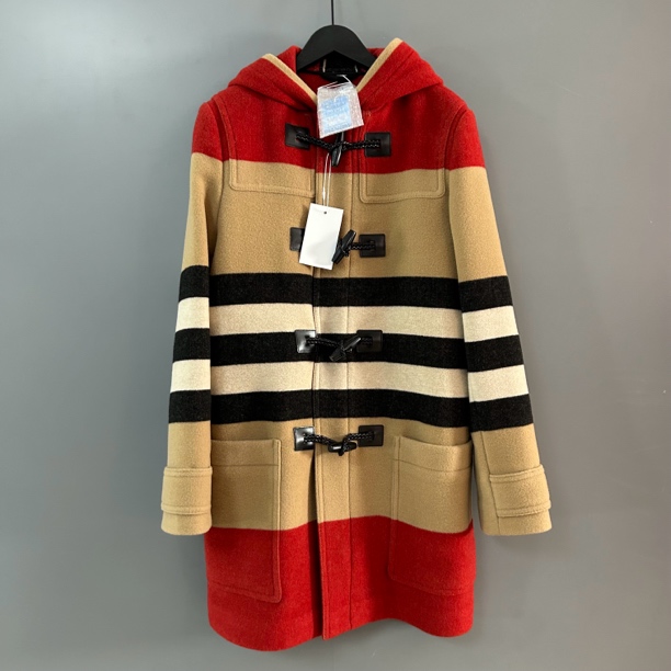 95新 BURBERRY/博柏利 Burberry卡其色拼色条纹牛角扣大衣外套