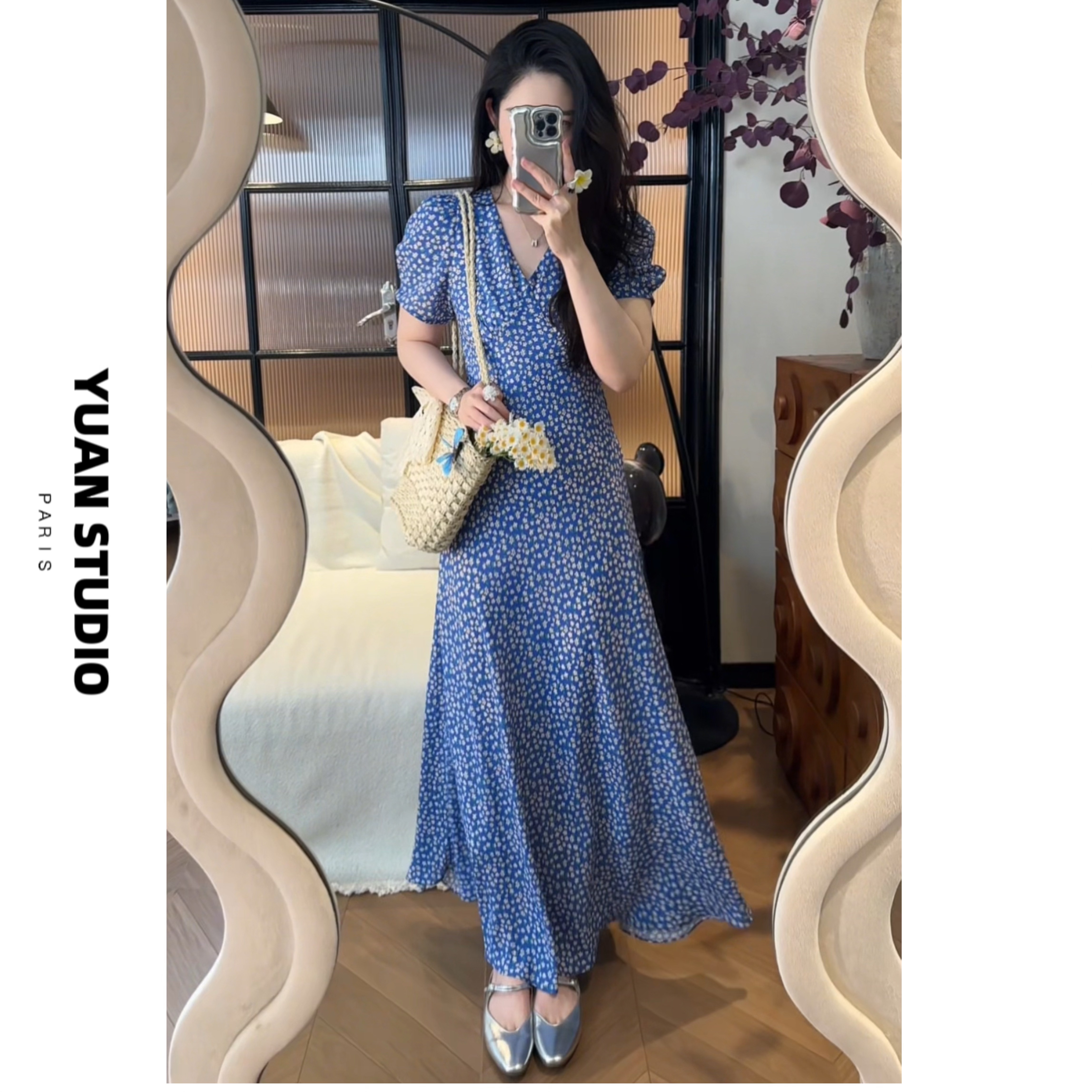 少量现 【蓝漾晴空】夏季法式复古斜裁显瘦遮肉防晒短袖优雅连衣裙