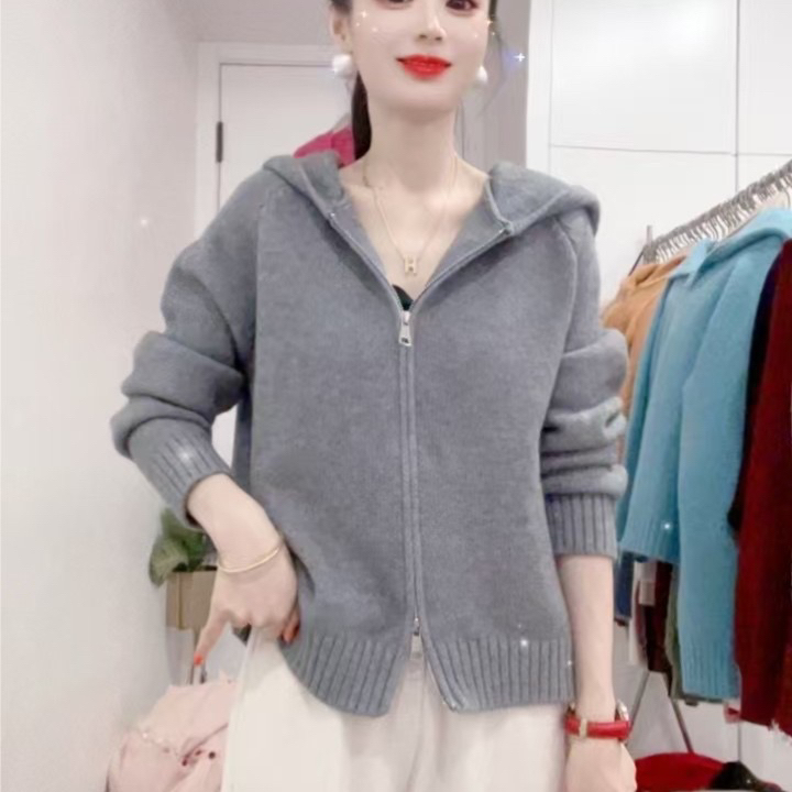 675新款百搭时尚纯色羊绒拉链针织衫开衫帽衫上衣