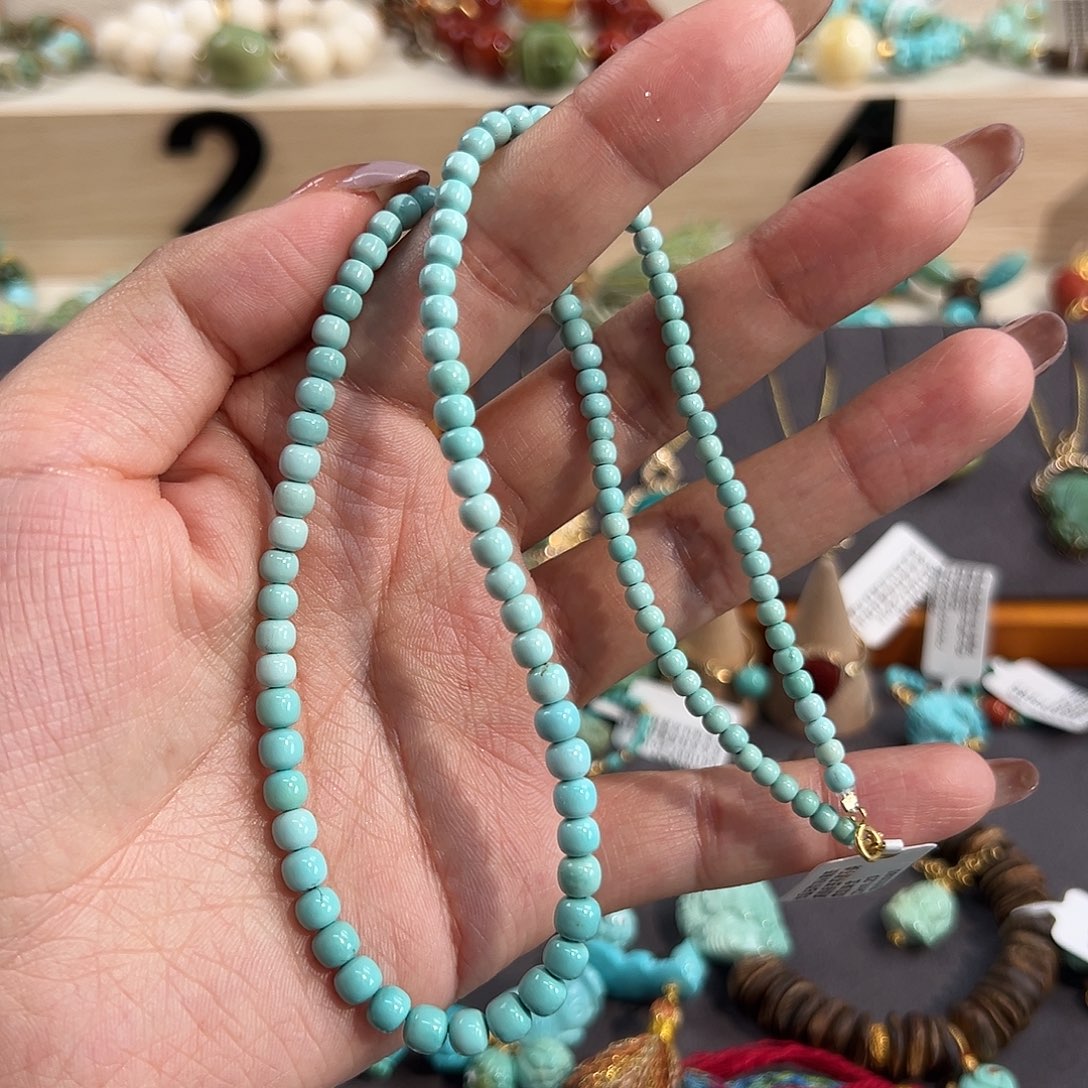 绿松石18K金镶嵌颈饰老型珠塔链