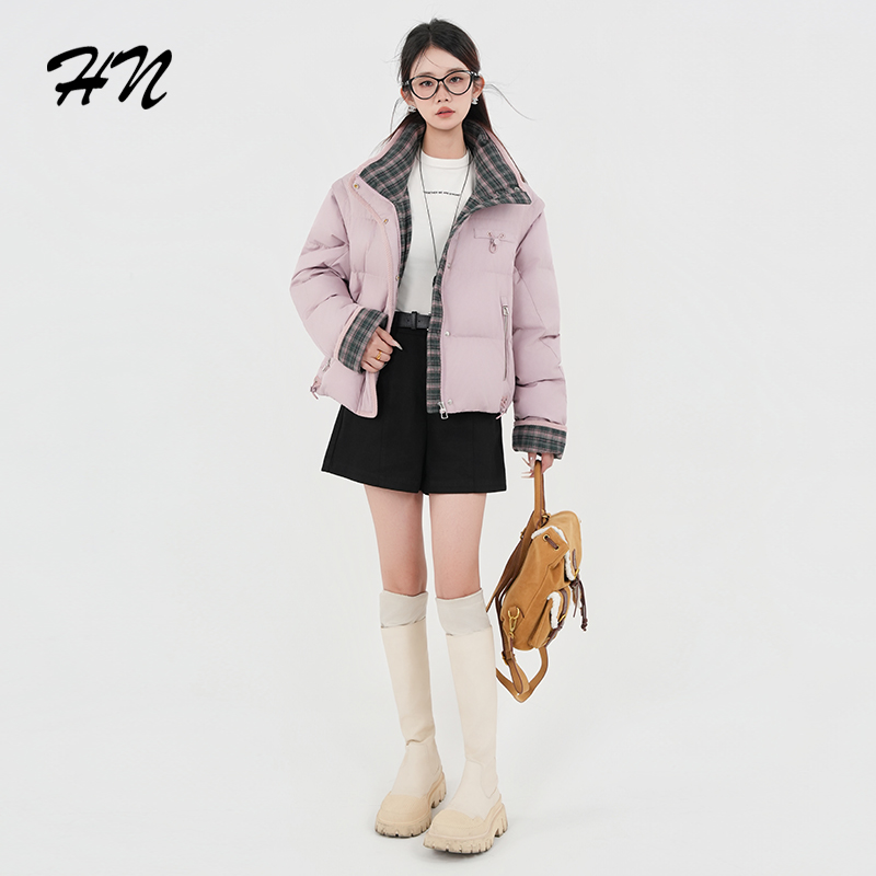 HN【格子袖】宽松抗起球短款拼接立领百搭外套印花冬季羽绒服35260