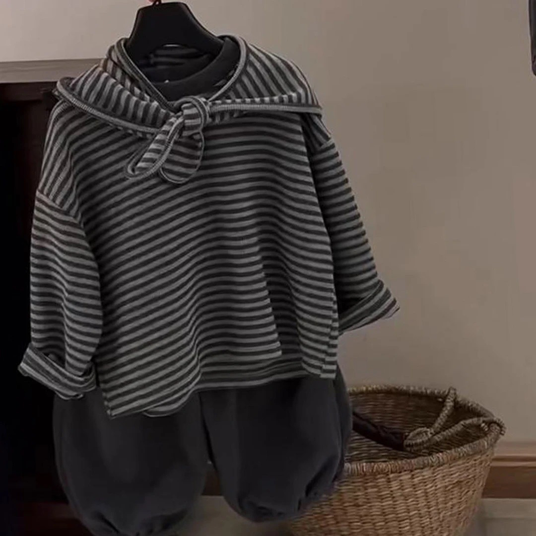 男童秋套装2025新款儿童纯棉圆领条纹卫衣加披肩两件套男孩卫裤