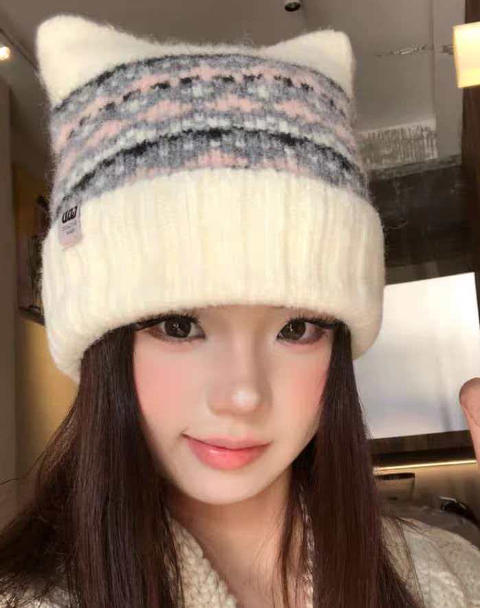 女针织帽帽子大头围猫耳朵针织帽时尚冷帽冬士