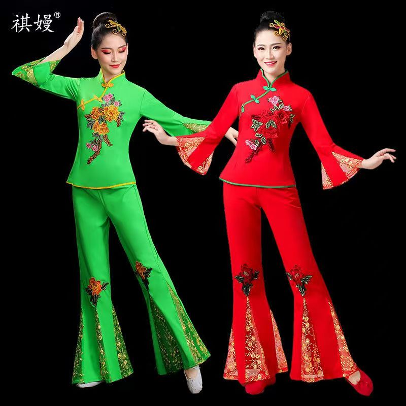 中老年民族风大码红色喇叭裤显瘦流行秧歌服广场舞服扇子舞蕾丝