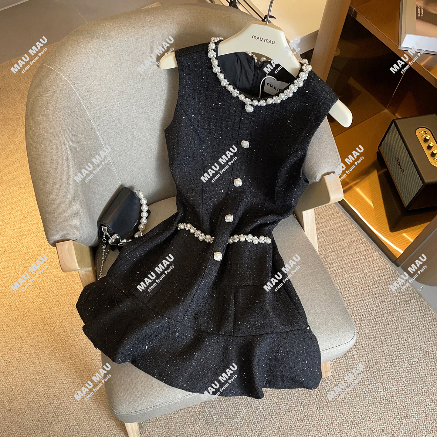 MIUMEN2025夏季法式小香风设计感钉珠粗花呢连衣裙短裙DY8101