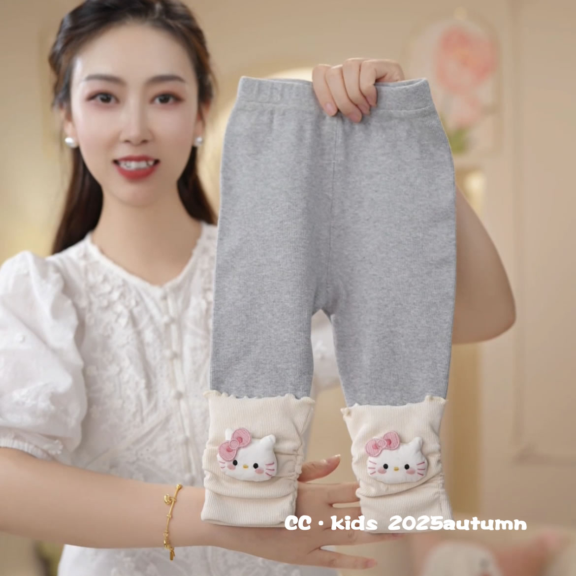 儿童装女童秋季新品卡通风女宝可爱时尚外穿KT小猫中腰裤25819