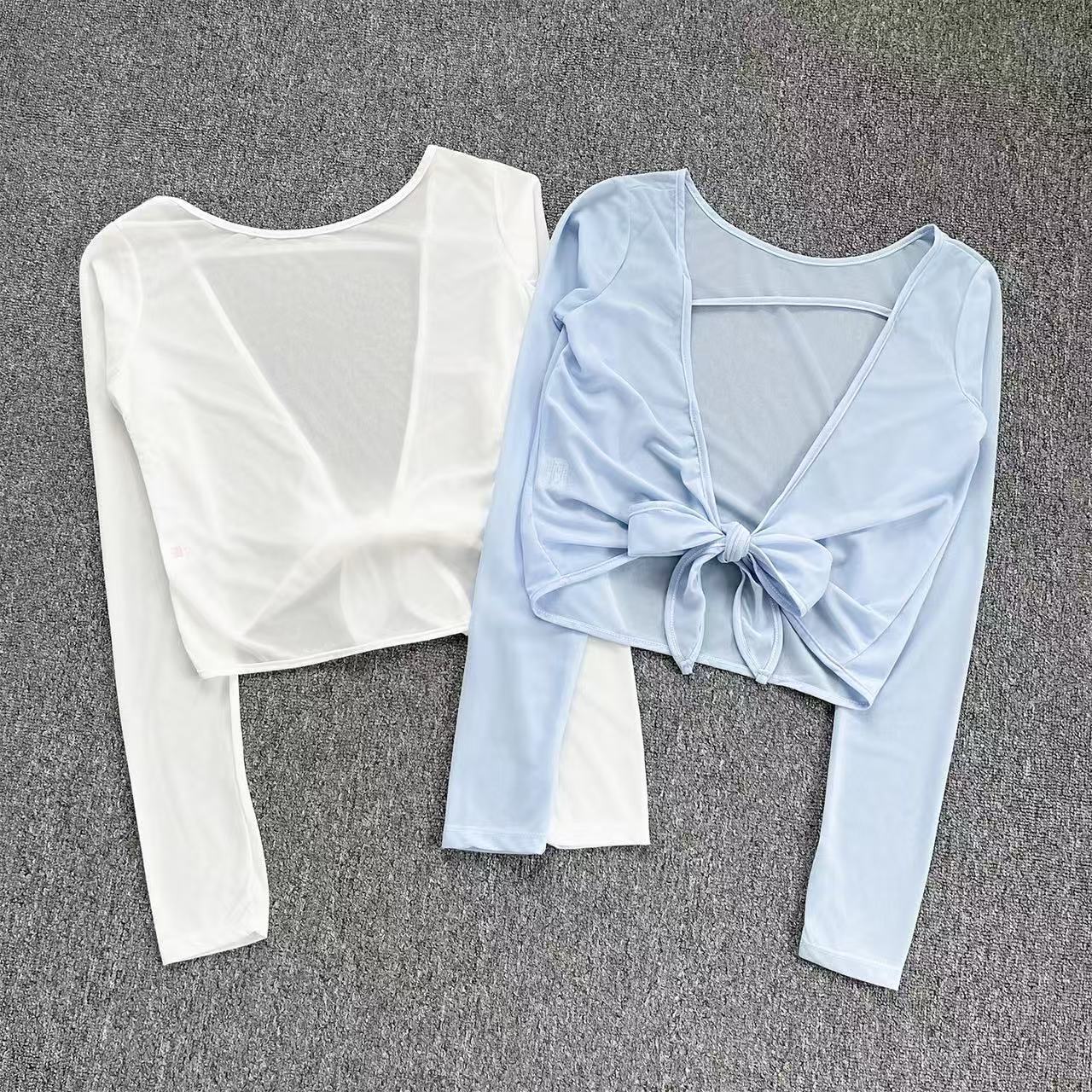 健身衣透气瑜伽罩衫春夏薄款圆领运动上衣露背绑带长袖2060-13