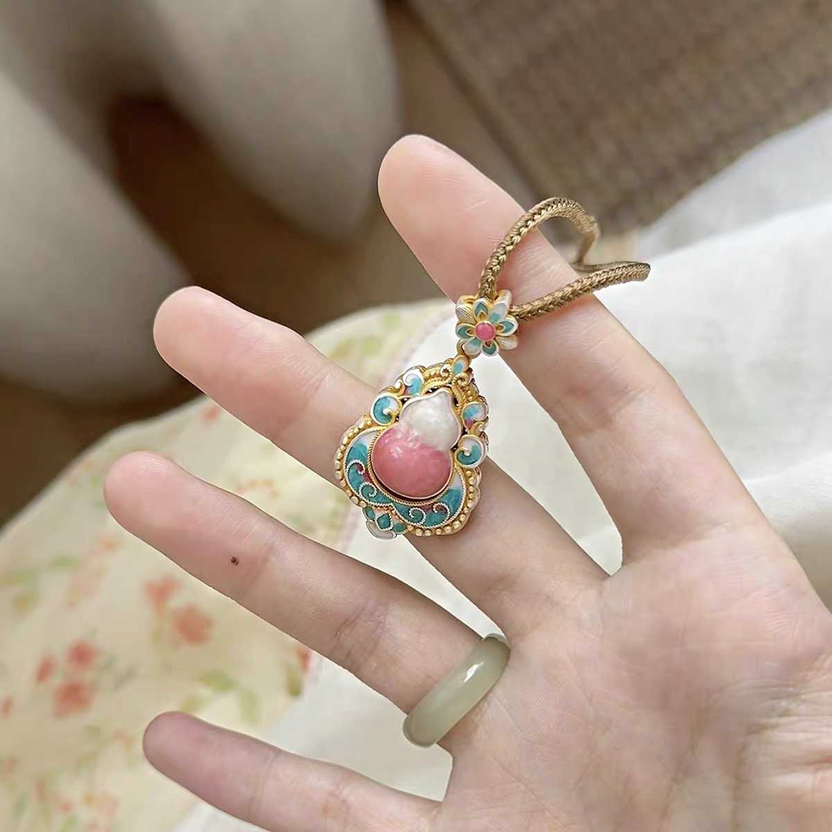 吊坠足银珐琅 葫芦花  银奶奶足银999.9新中式珐琅彩葫芦银项链