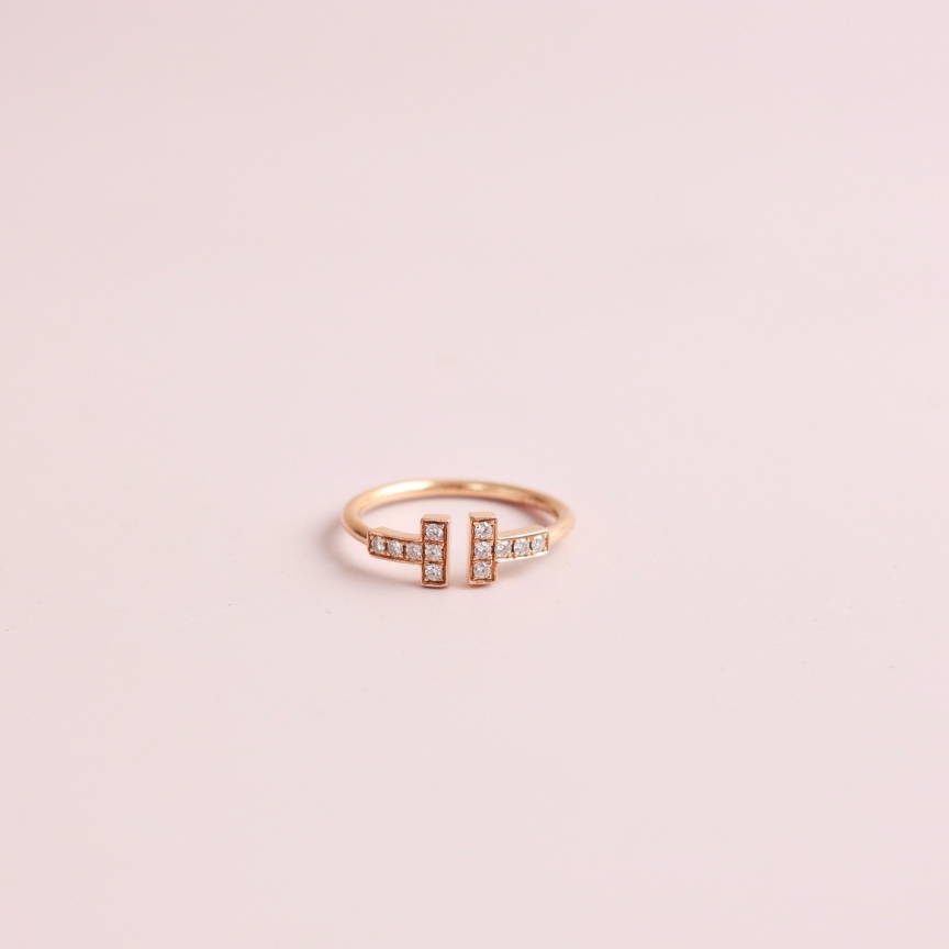 99新 Tiffany & Co./蒂芙尼 【美佳】18k玫瑰金双T戒指/53码/4805