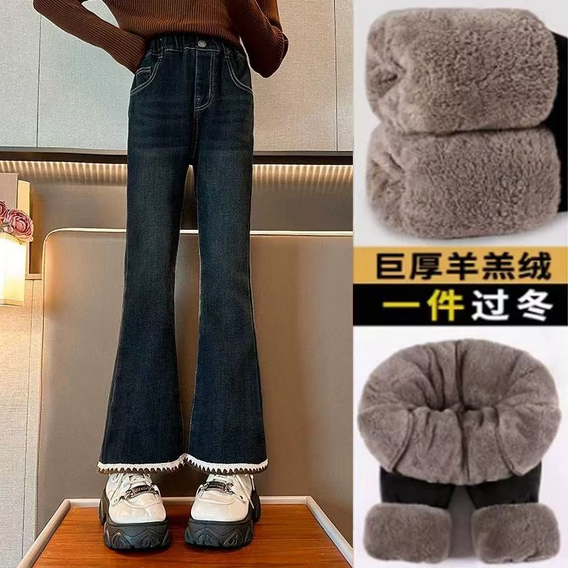女童加绒冬季一体绒加厚喇叭裤一条过冬女中大童特厚羊羔绒牛仔裤