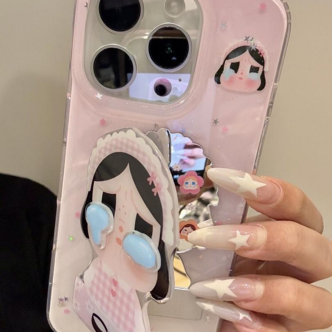 ins粉格纹裙子哭娃适用苹果16Pro大孔手机壳vivo华为oppo小米防摔