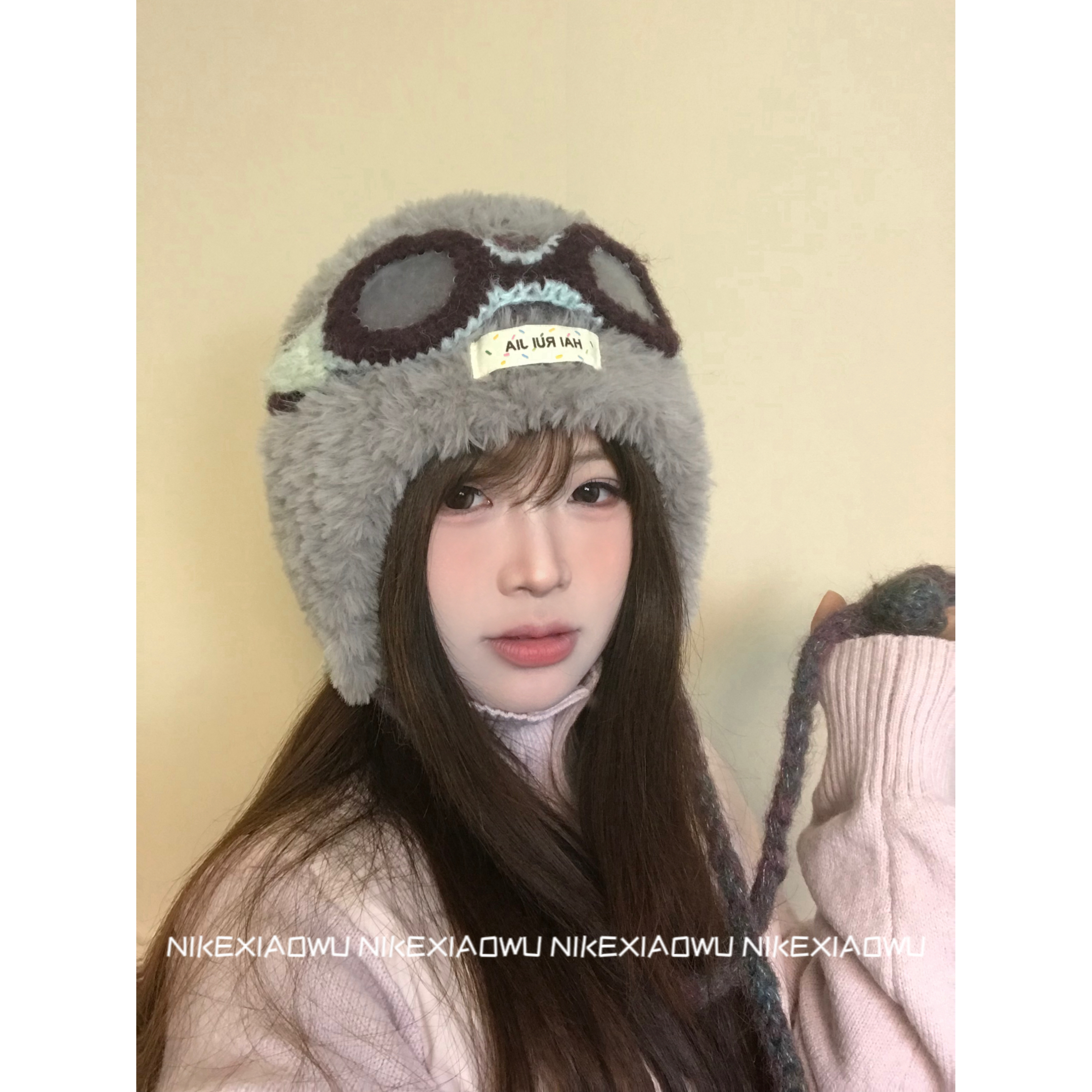 妮可家-可爱眼镜飞行员毛绒针织护耳帽女秋冬加厚保暖防寒雷锋帽