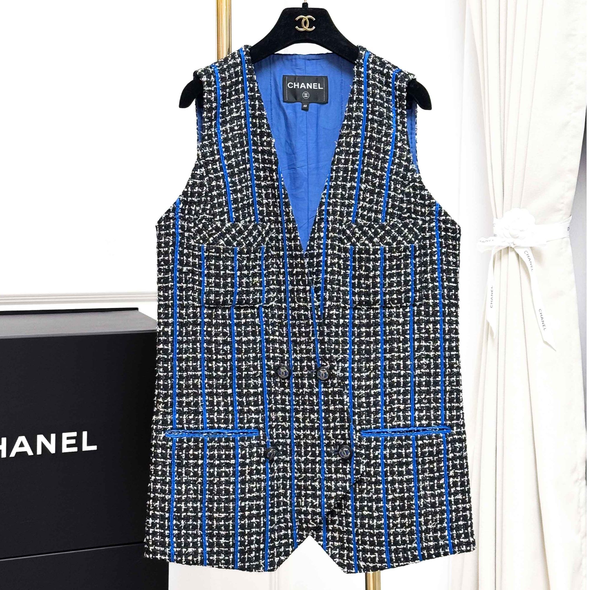 99新 Chanel/香奈儿 40码 黑色拼深蓝色拼白色 无袖 编织 马甲 