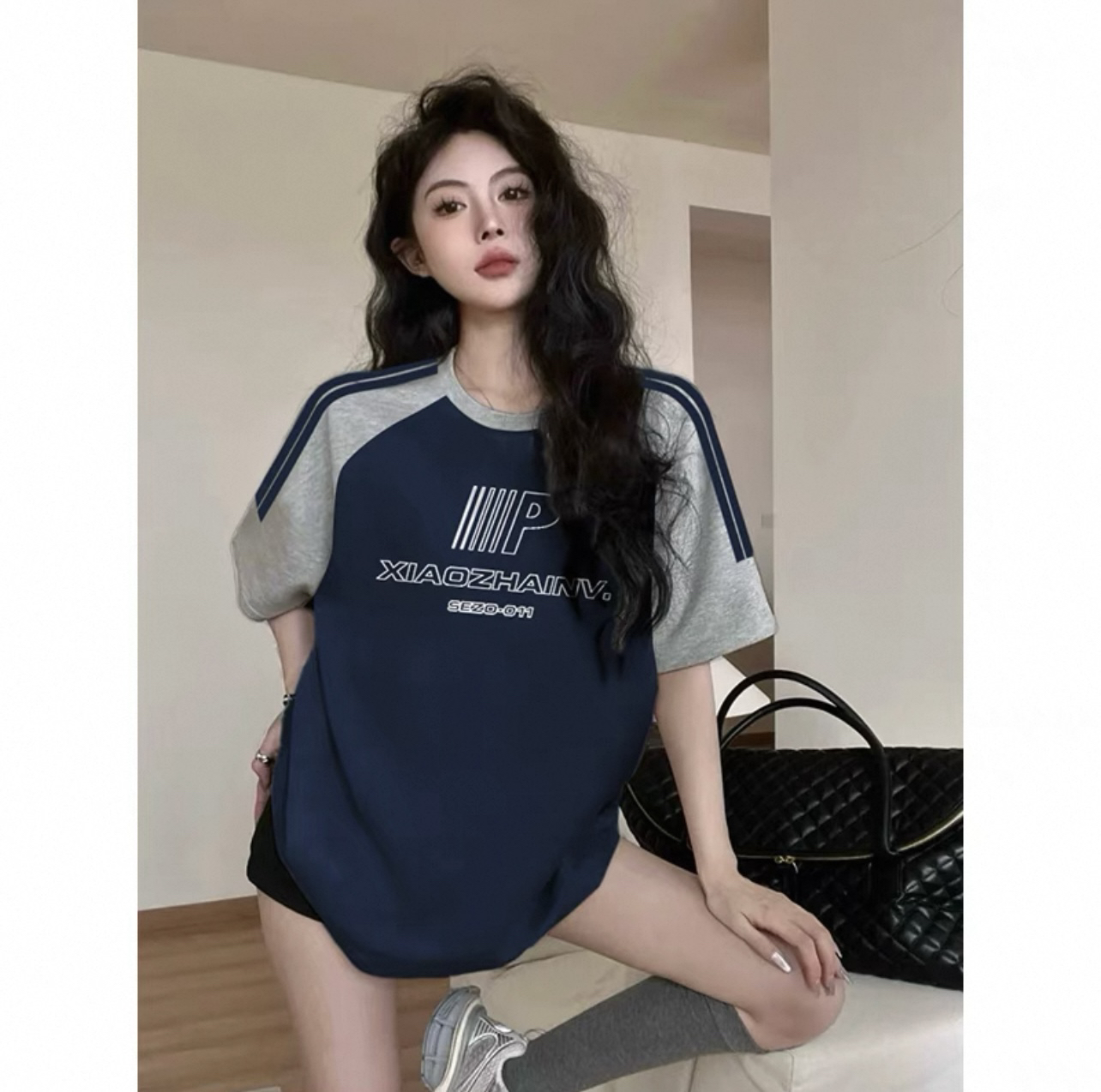 孤品女装拼接撞色复古T恤运动短袖百搭圆领印花inst恤街头风