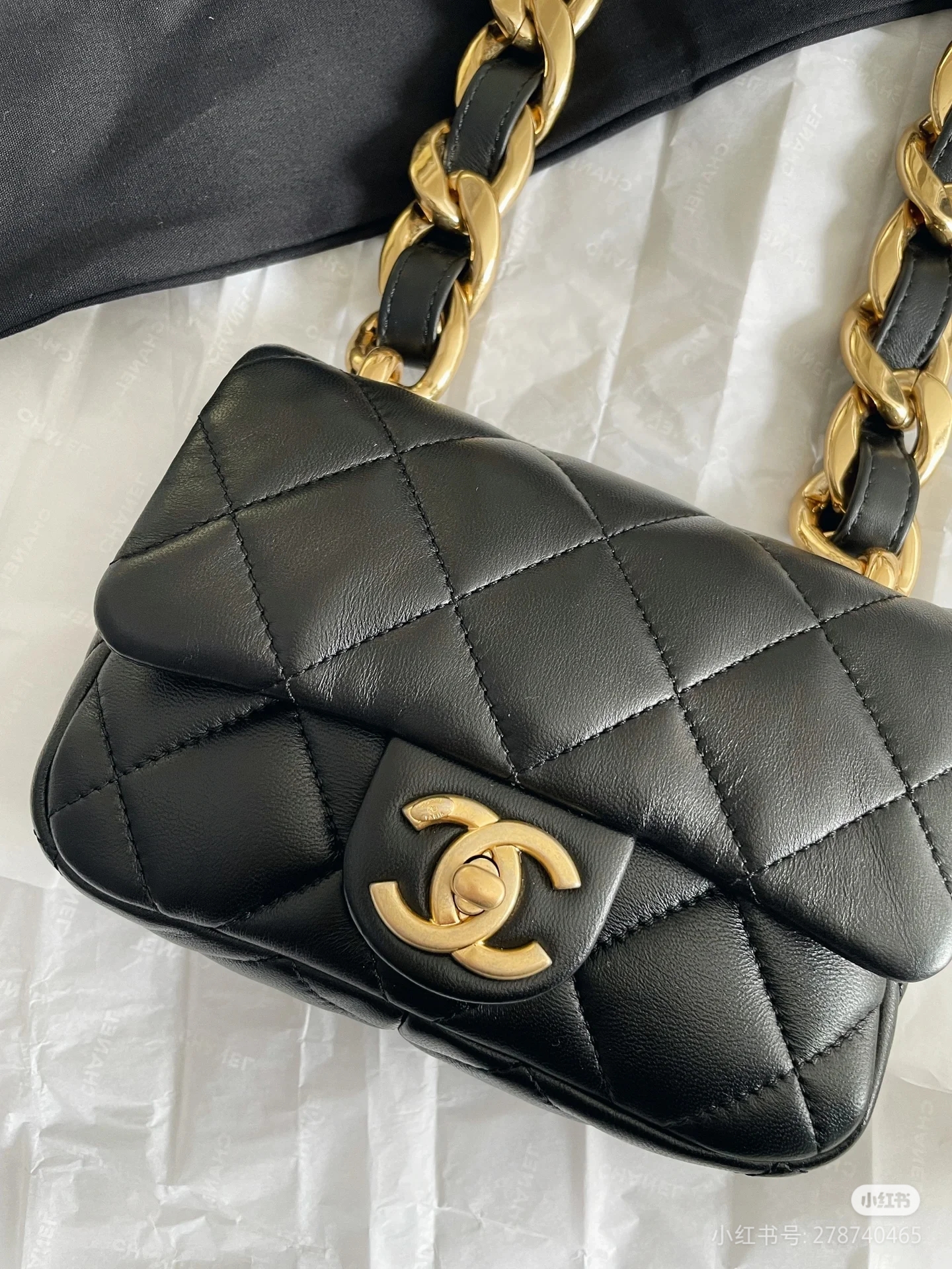 95新 Chanel/香奈儿 艾瑟尔奢品/黑金22s粗链cf小号单肩包/jm652c