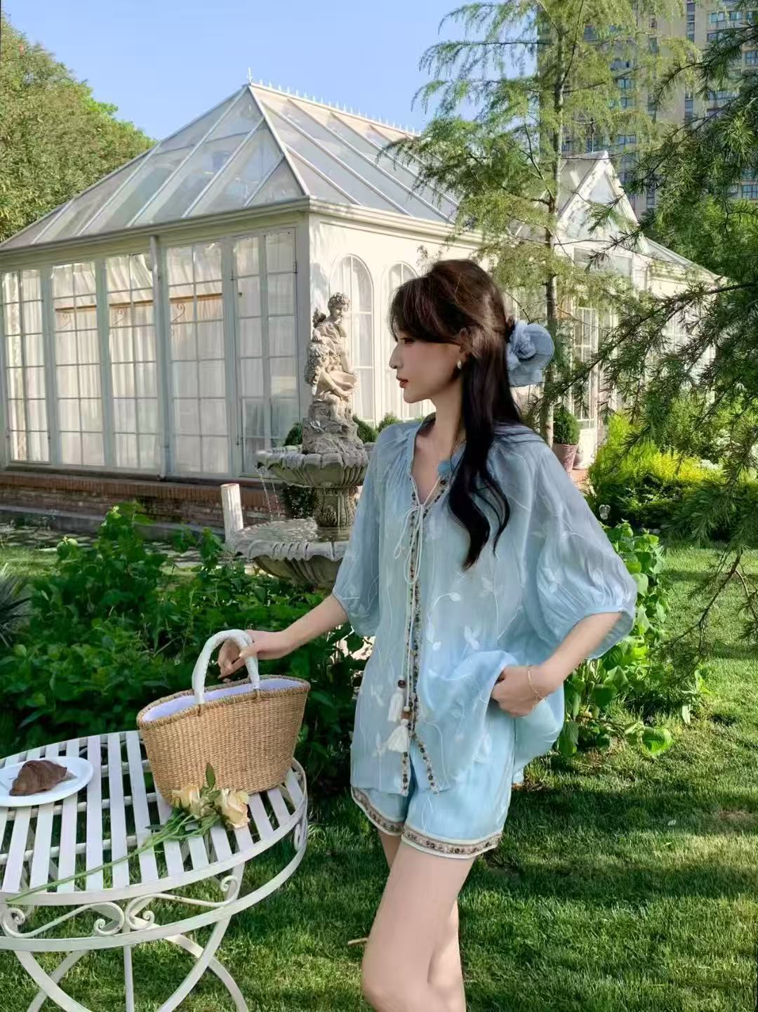 女装夏季新款绝美穿搭气质减龄波西米亚风刺绣短裤两件套 828 K