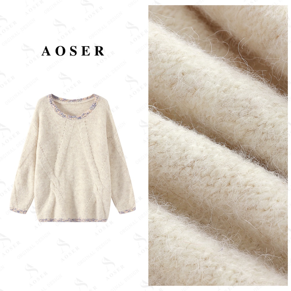 AOSER时尚百搭宽松圆领套头花边纯色毛针织衫女装1020