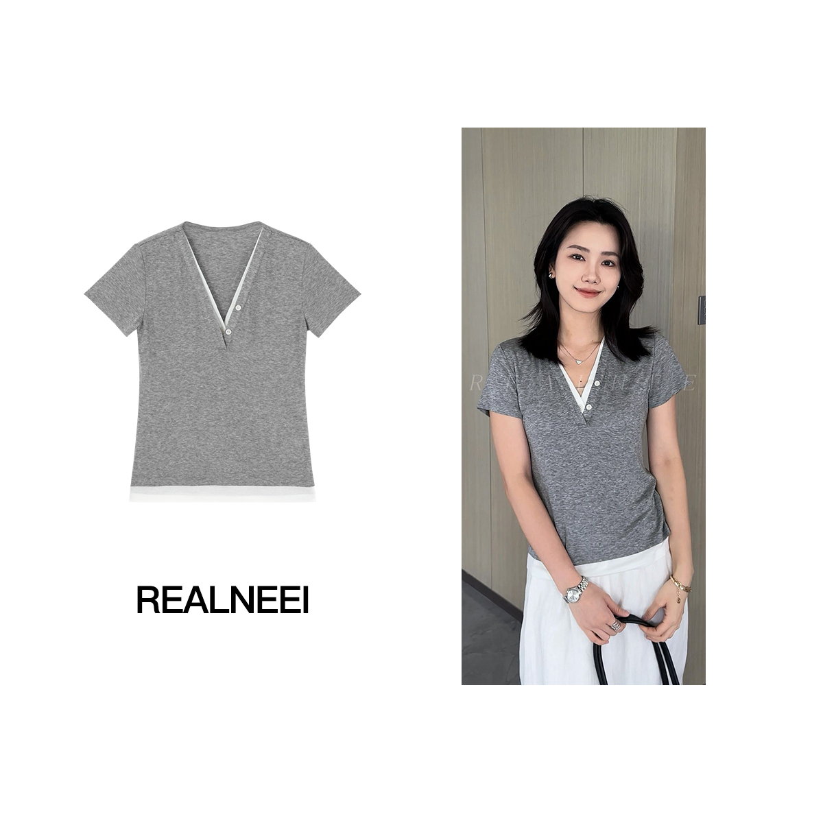 REALNEEI【花灰V领】极简超细羊毛天丝假两件轻薄的短袖T恤22572