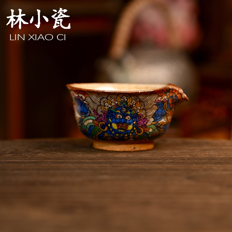 林小瓷九觉堂手绘唐卡大黑天公道杯分茶器柴烧志野茶具主人杯