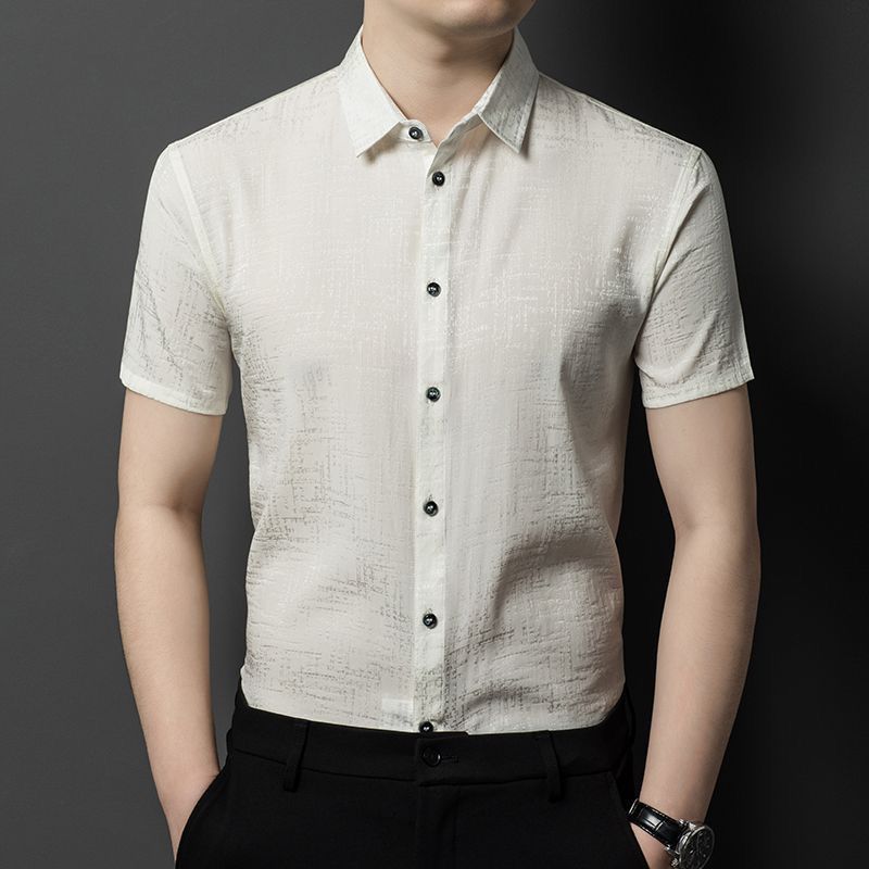 氨纶弹力印花短袖衬衣男士夏季新款商务休闲百搭潮流无痕抗皱衬衫