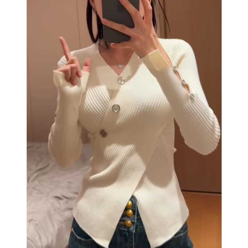针织衫打底衫女设计感V领不规则修身显瘦百搭打底针织衫打底衫女