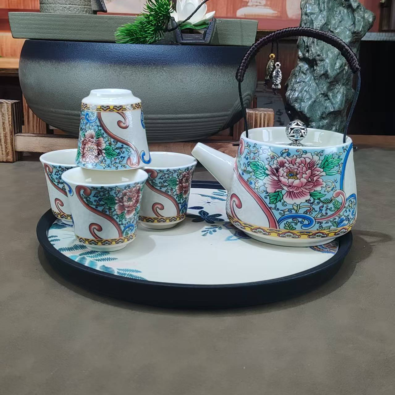 【瓷里】提梁壶四杯+圆茶盘T025