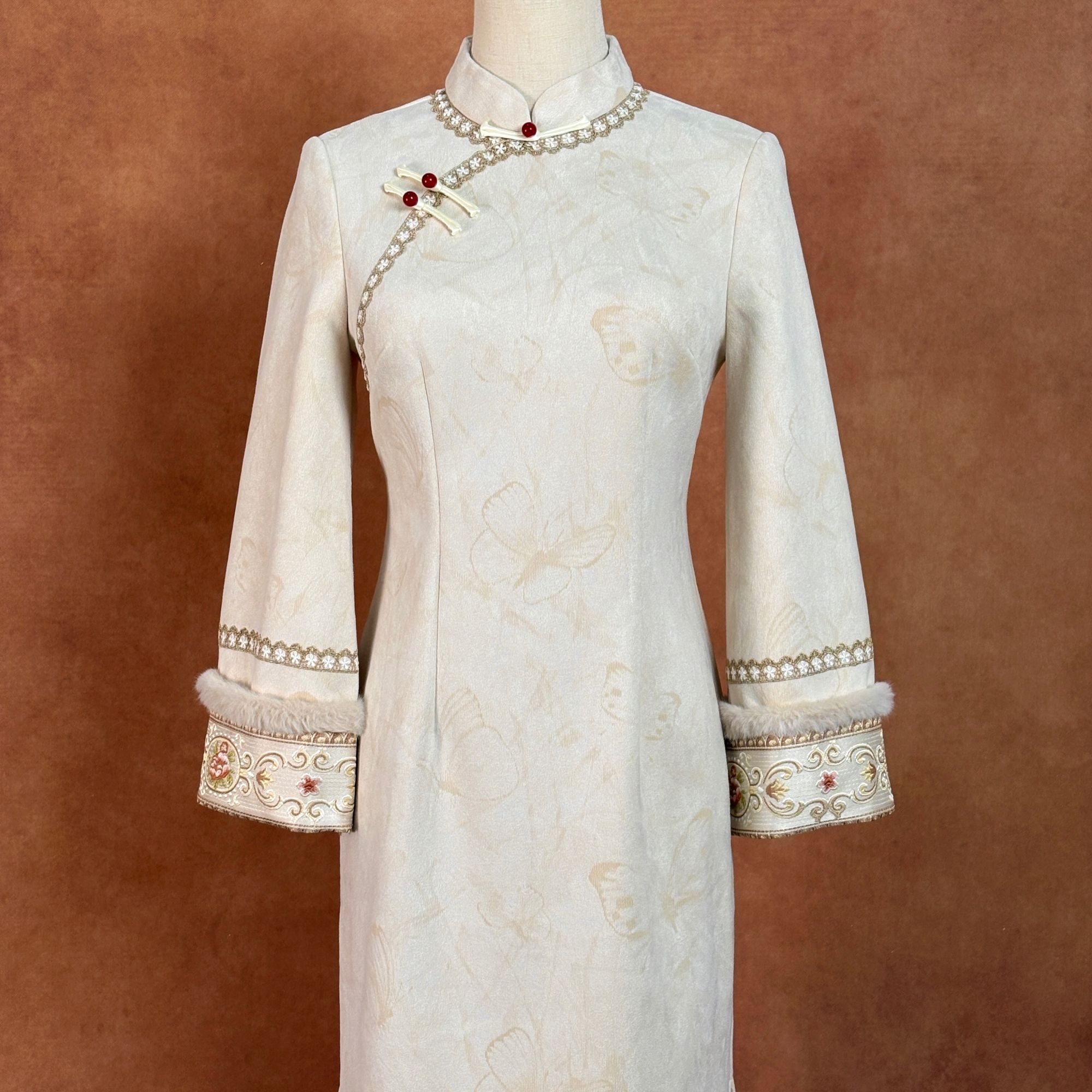 【暖杏】2025年秋冬款单层背后拉链气质加绒复古日常旗袍长约115