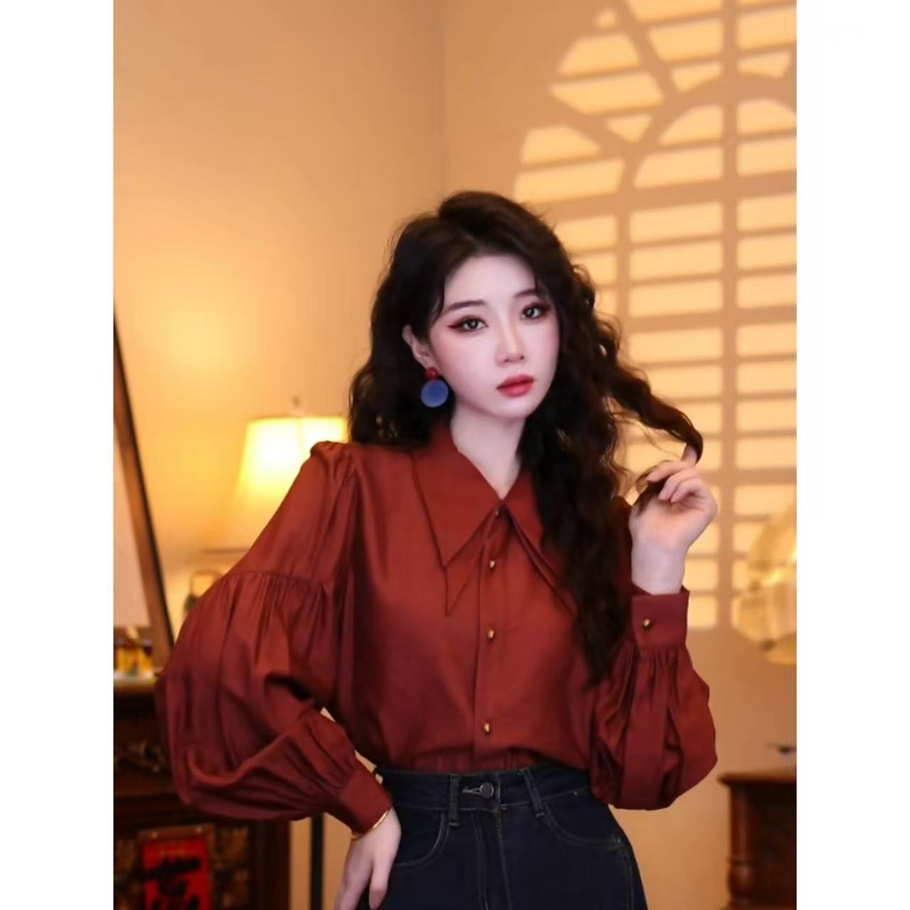 蒋肉肉【港岛暮色】港味复古时尚气质设计感长袖上衣03029