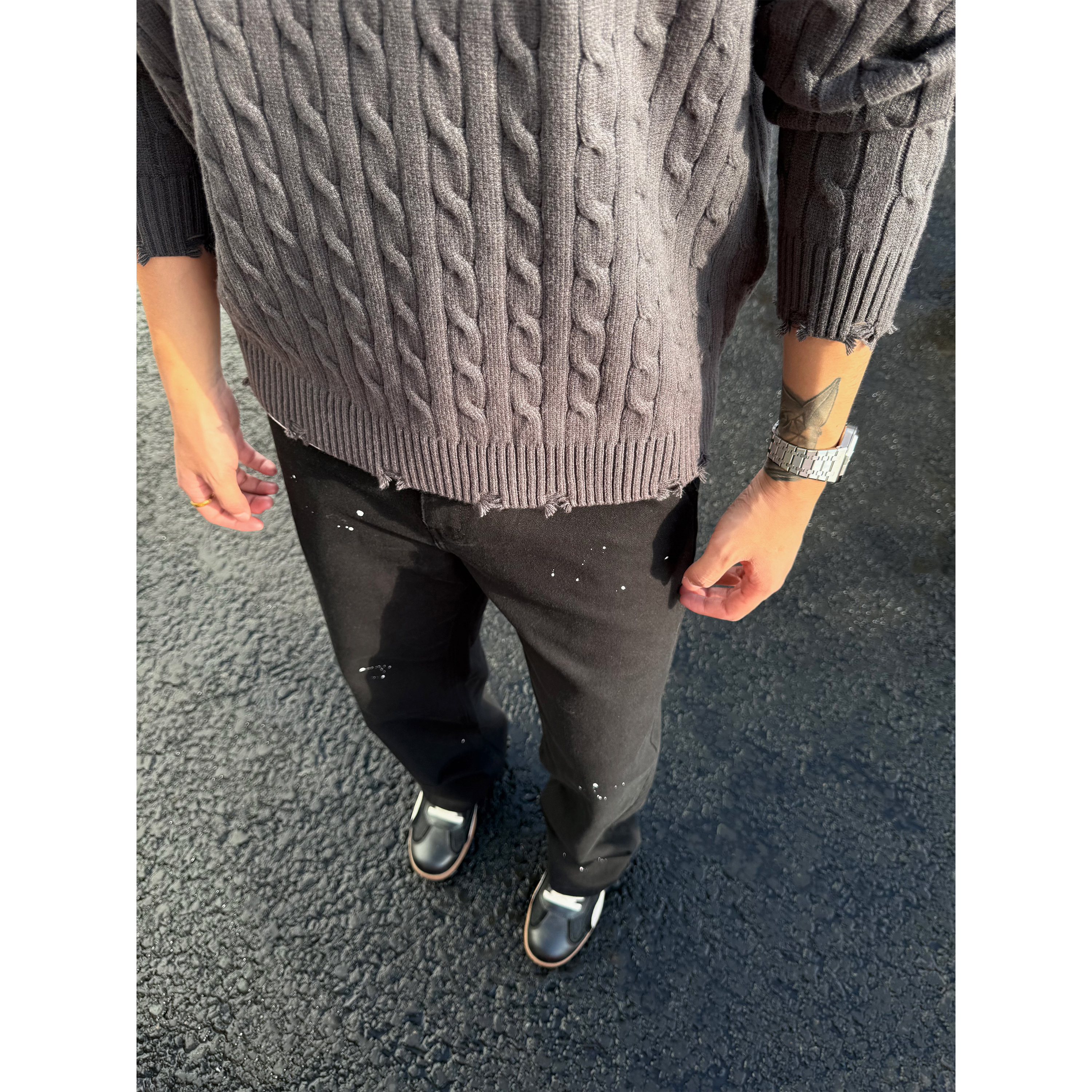 SANBAI叁佰【墨行】320克全棉帆布水洗不规则泼墨直筒牛仔裤