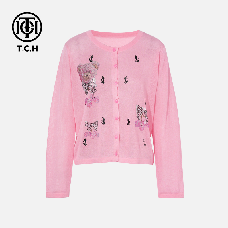 TCH私服烫钻工艺时尚休闲粉色淑女针织开衫女T75C43E5018轻奢tch