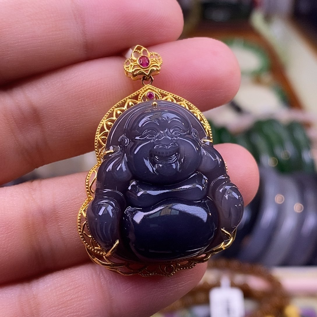 颈饰未镶嵌和田玉收藏级烟紫老料葡萄紫冰底金镶佛公吊坠